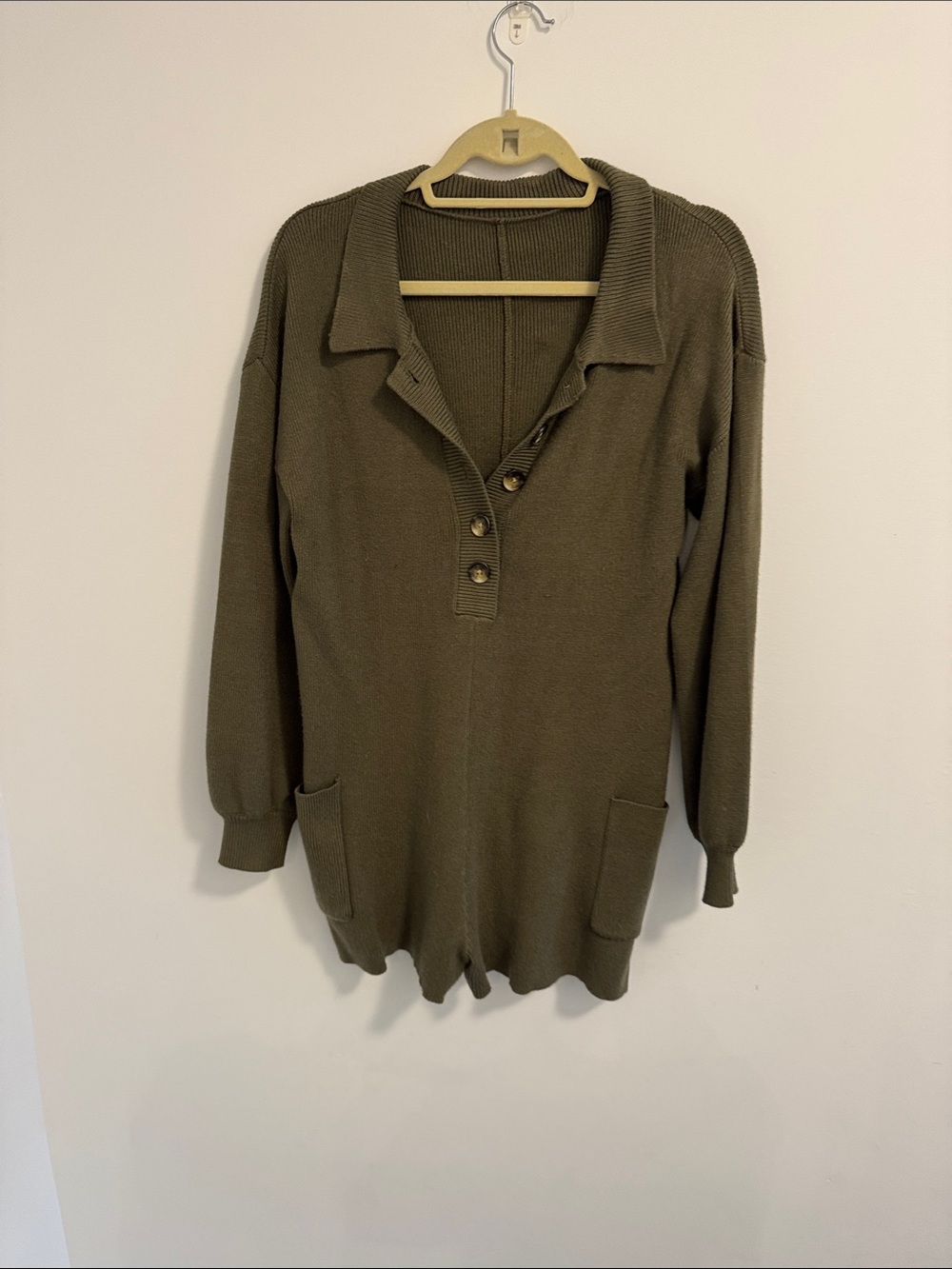 Olive Green Knit Button-Up shorts romper Sweater